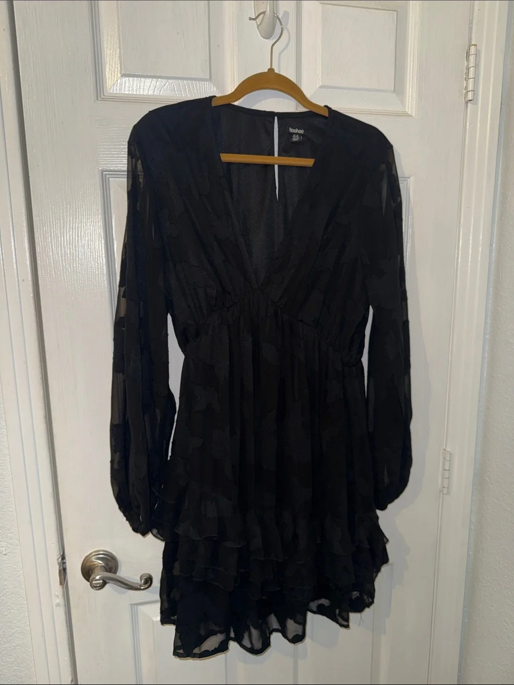 Boohoo Black Sheer V‑Neck Long‑Sleeve Ruffle Dress
